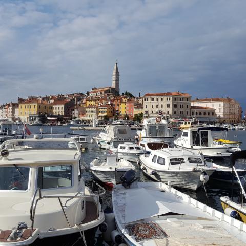 Rovinj, Croatia  - A view of the old city core with the Saint Euphemia bell tower and boats moored at the dock 