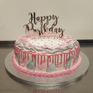 Rose pink and silver drip cake for a birthday